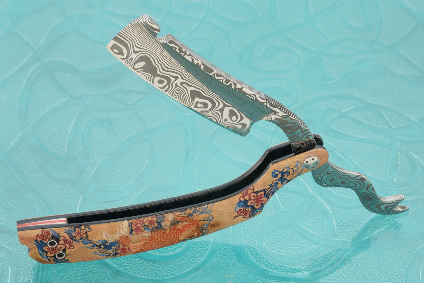 Carved Koi Damascus Straight Razor with Mopane