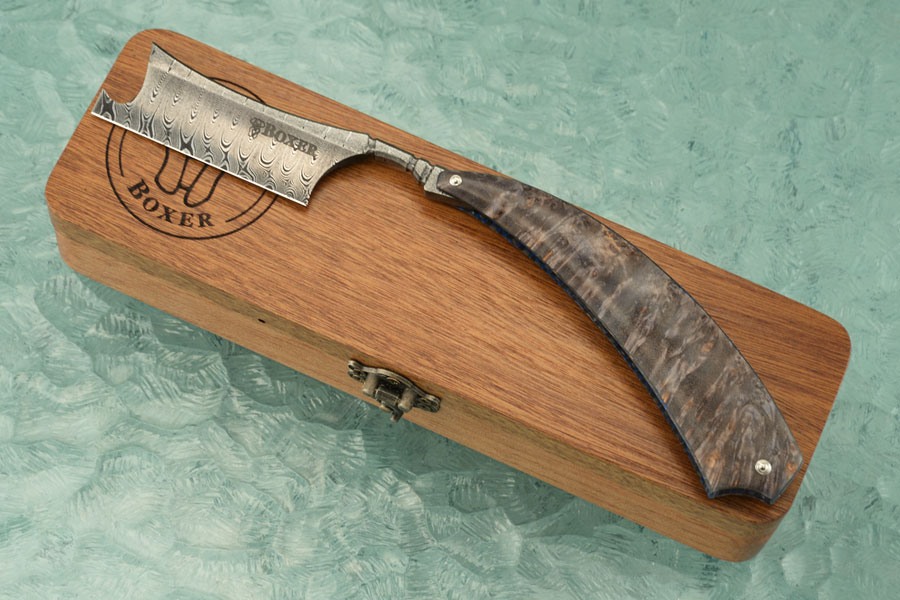 Razor with Box Elder Burl (6/8 Notch Point) - Damascus