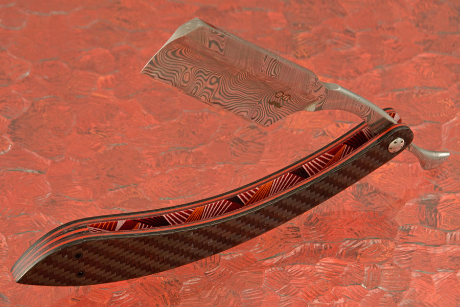 Damascus Straight Razor with Carbon Fiber and ShweShwe