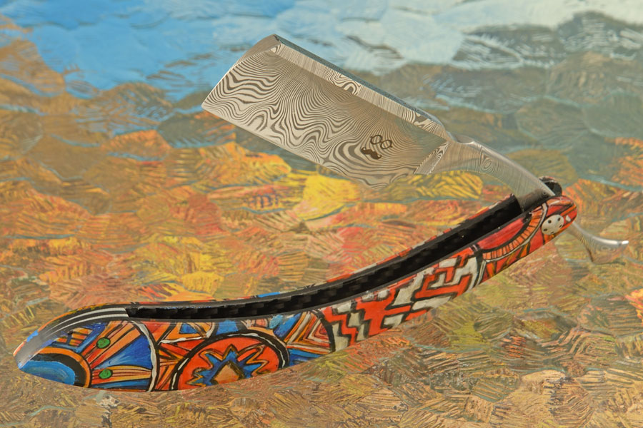 Damascus Straight Razor with Hand Painted Scales