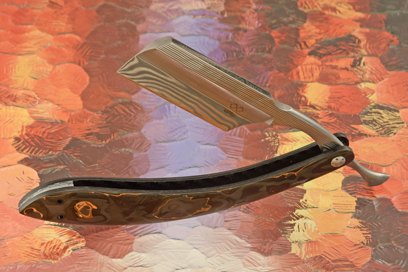 Damascus Straight Razor with Marbled Copper Carbon Fiber