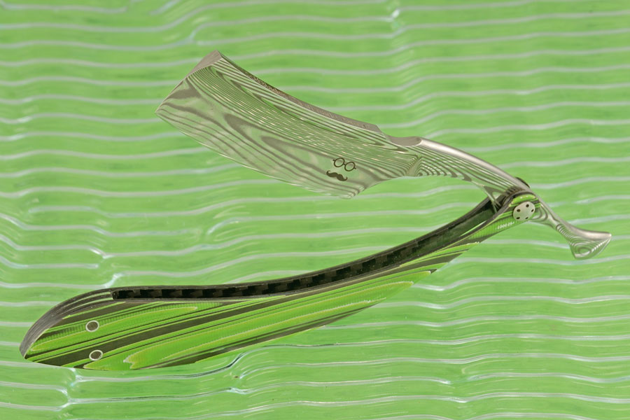 Damascus Straight Razor with Green/Aluminum Carbon Fiber